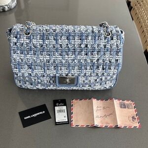 Karl Lagerfeld Blue and White Tweed Shoulder Bag
